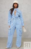 PrettyLittleThing Голубой джинсовый комбинезон карго с широкими штанинами P CNB6693 | Light Blue Wash фото 1