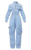 PrettyLittleThing Голубой джинсовый комбинезон карго с широкими штанинами P CNB6693 | Light Blue Wash фото 5