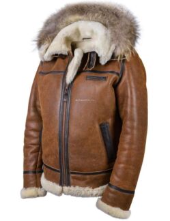 Куртка пилот из овчины с капюшоном B-3 Hooded light brown