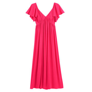 Платье-макси длинное рукава с воланами  48 розовый