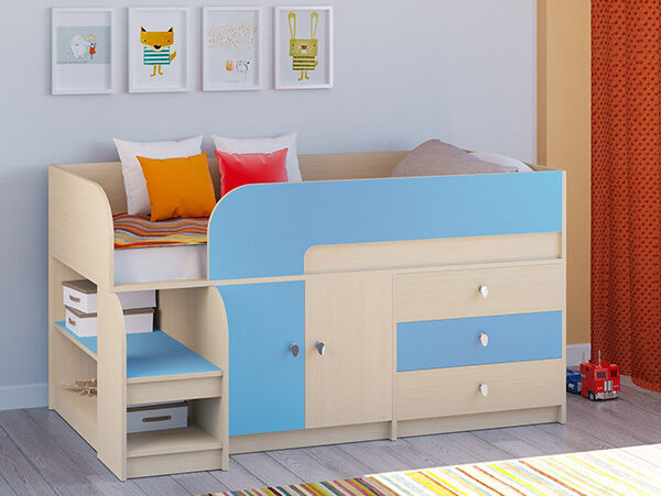 Детская кровать-чердак Астра 9 V1 Дуб молочный/Голубой