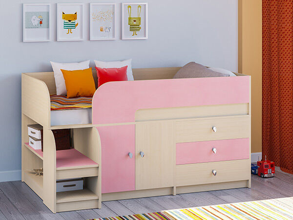 Детская кровать-чердак Астра 9 V1 Дуб молочный/Розовый