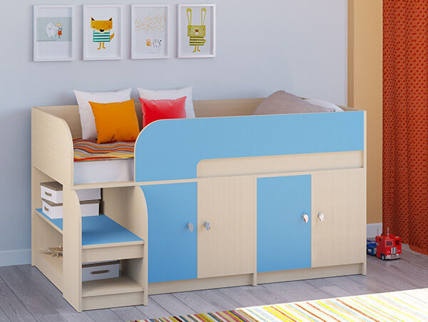 Детская кровать-чердак Астра 9 V2 Дуб молочный/Голубой