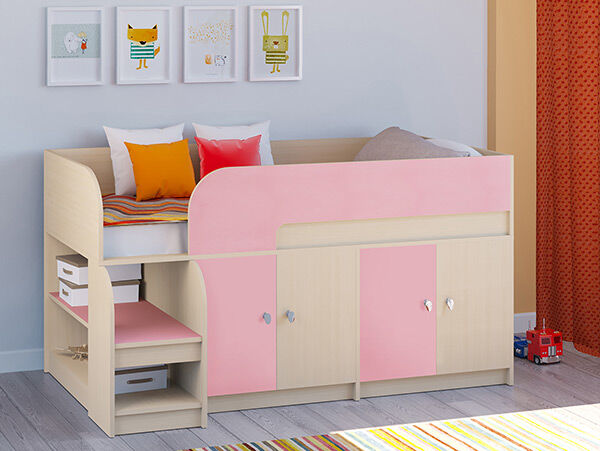 Детская кровать-чердак Астра 9 V2 Дуб молочный/Розовый