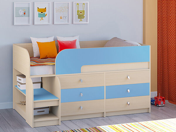 Детская кровать-чердак Астра 9 V3 Дуб молочный/Голубой