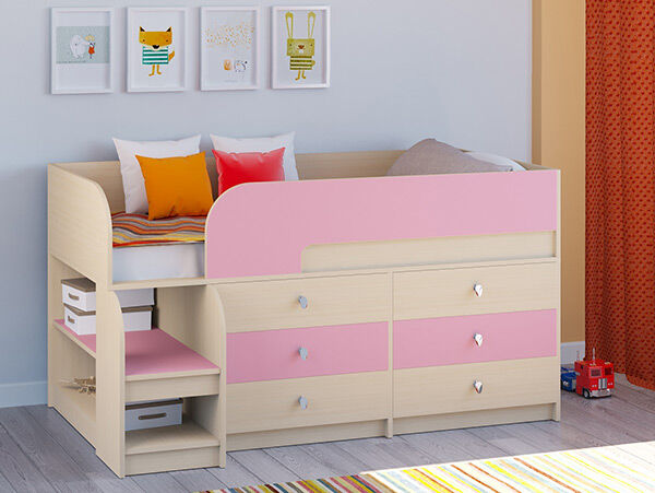Детская кровать-чердак Астра 9 V3 Дуб молочный/Розовый