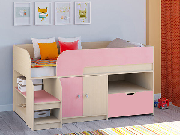 Детская кровать-чердак Астра 9 V4 Дуб молочный/Розовый
