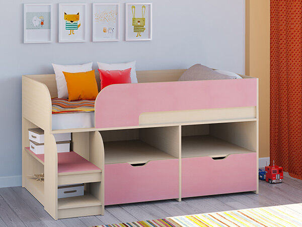 Детская кровать-чердак Астра 9 V6 Дуб молочный/Розовый