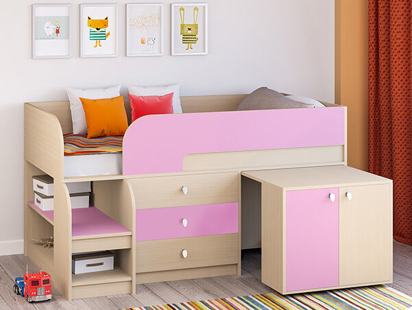Детская кровать-чердак Астра 9 V7 Дуб молочный/Розовый