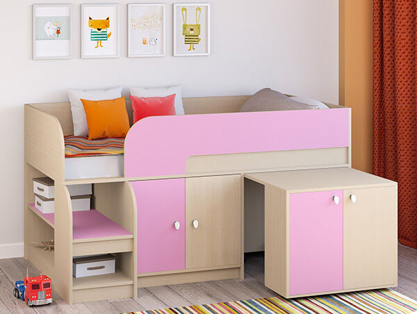 Детская кровать-чердак Астра 9 V8 Дуб молочный/Розовый
