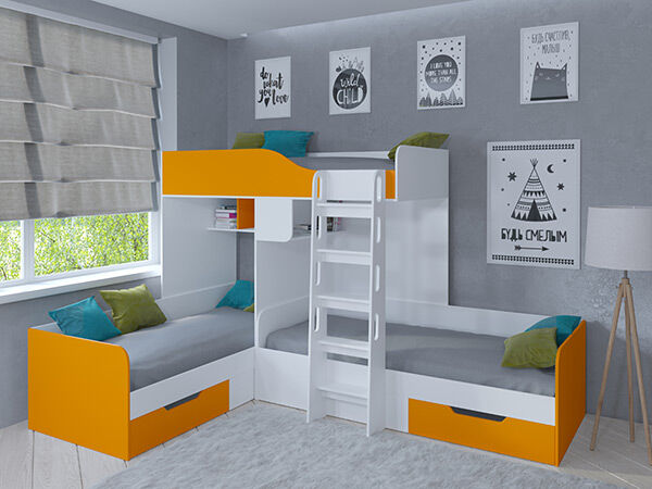 Детская кровать трехместная Трио Белый/Оранжевый