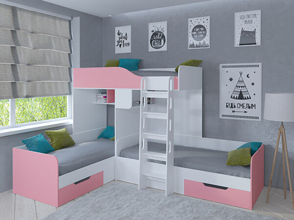 Детская кровать трехместная Трио Белый/Розовый