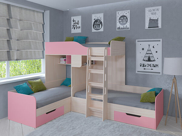 Детская кровать трехместная Трио Дуб молочный/Розовый