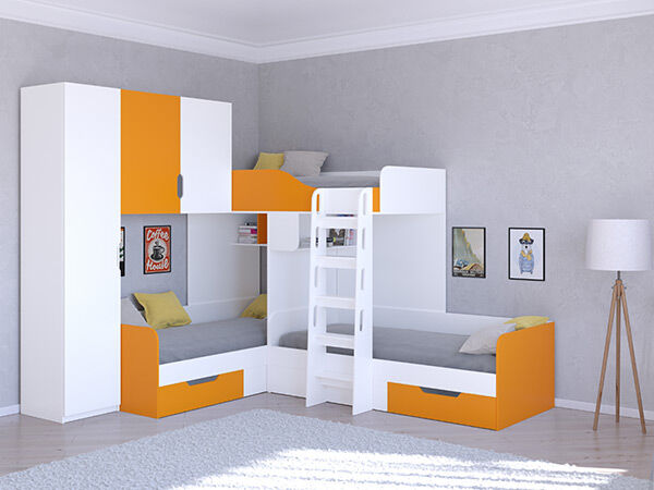 Детская кровать трехместная ТРИО/1 Белый/Оранжевый