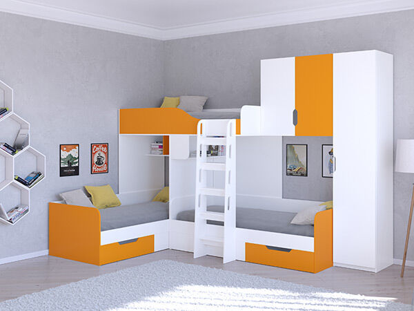 Детская кровать трехместная ТРИО/2 Белый/Оранжевый