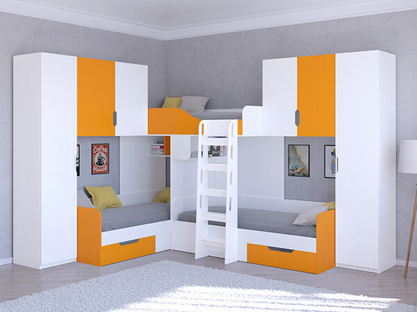 Детская кровать трехместная ТРИО/3 Белый/Оранжевый
