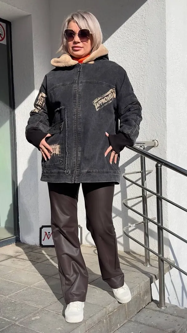 Куртка стильная на меху с капюшоном Джинсовая цвета капучино MODLAV ML4615-