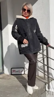 Куртка стильная на меху с капюшоном Джинсовая черно-белого цвета MODLAV ML4