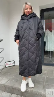 Пальто стильное с двойным капюшоном из двух видов ткани черного цвета MODLA