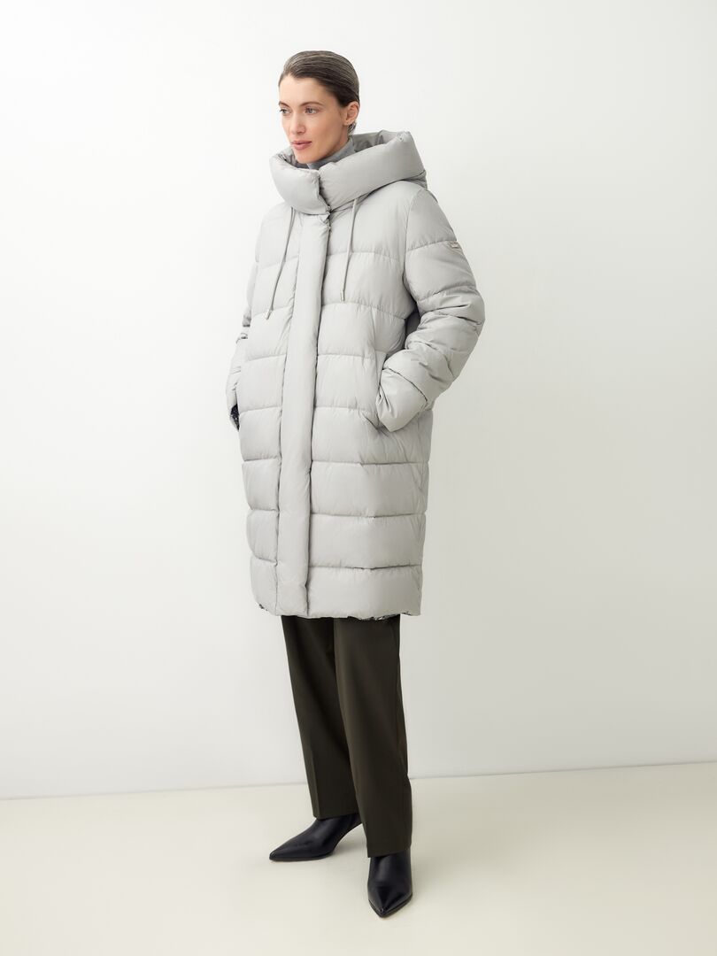 Пальто зимнее стеганое с капюшоном серое Pompa