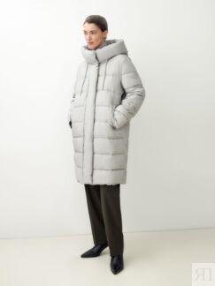 Пальто зимнее стеганое с капюшоном серое Pompa