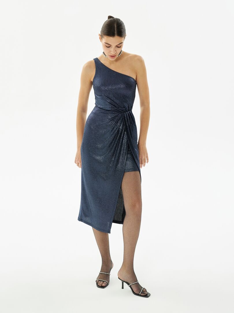 Асимметричное блестящее платье темно-синее Pompa