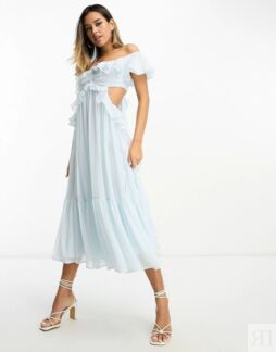 Платье-миди Asos Design с рюшами и открытыми плечами, нежно-голубой
