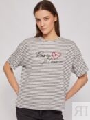 Трикотажная футболка в полоску с надписью и стразами zolla