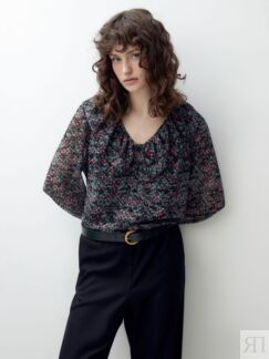 Блуза с растительным принтом черная Pompa