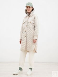 Стёганая куртка-пальто рубашечного кроя молочного цвета Pompa