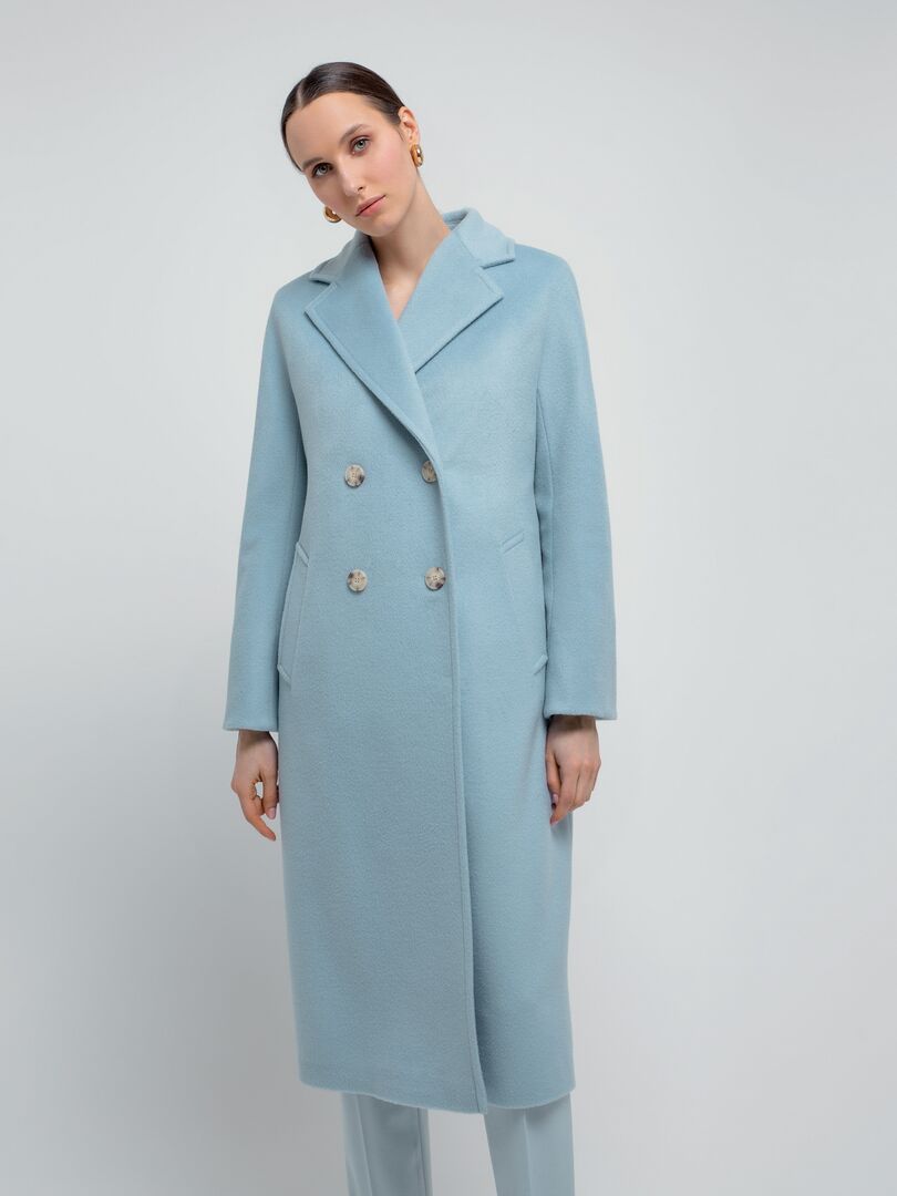 Двубортное демисезонное пальто силуэта удлиненный кокон голубое Pompa