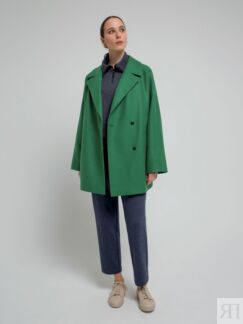 Двубортное укороченное пальто прямого силуэта зеленое Pompa