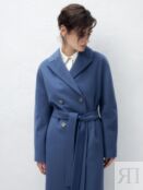 Пальто женское двубортное с поясом лунного синего цвета Pompa