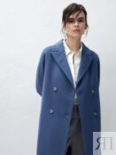 Пальто женское двубортное с поясом лунного синего цвета Pompa
