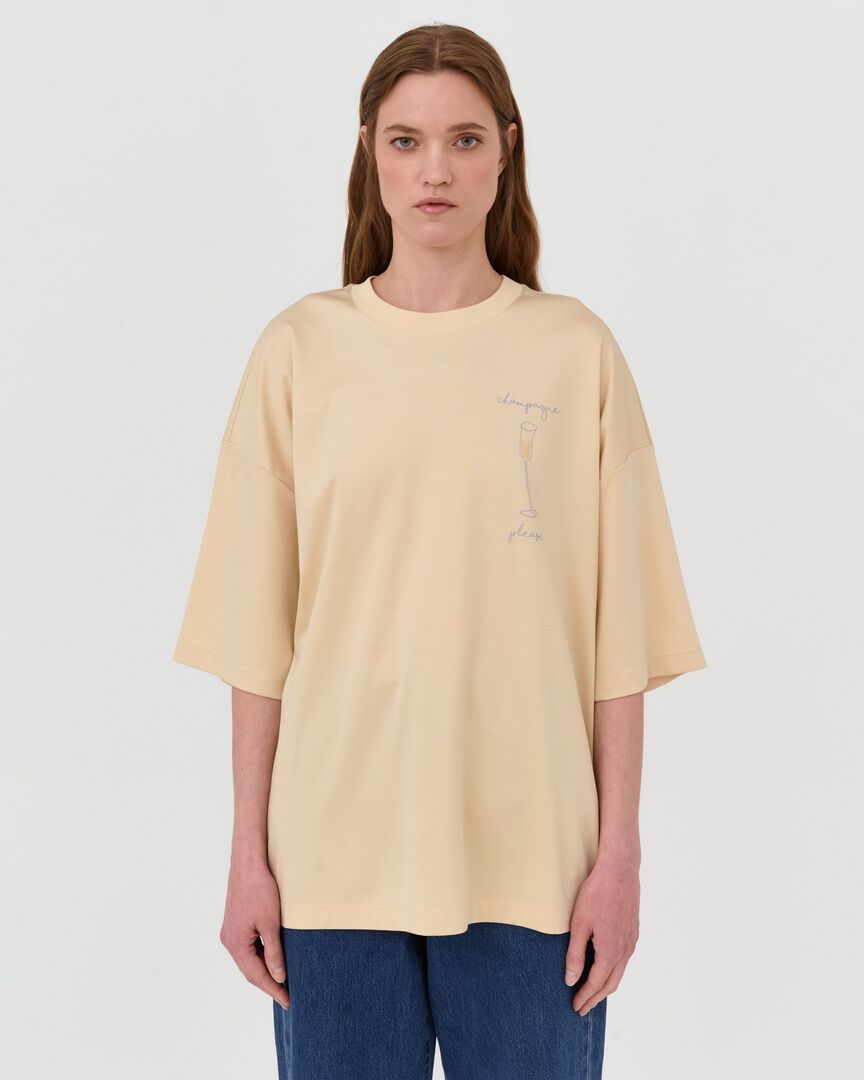 Оверсайз футболка с принтом, из хлопка и модала, бежевый