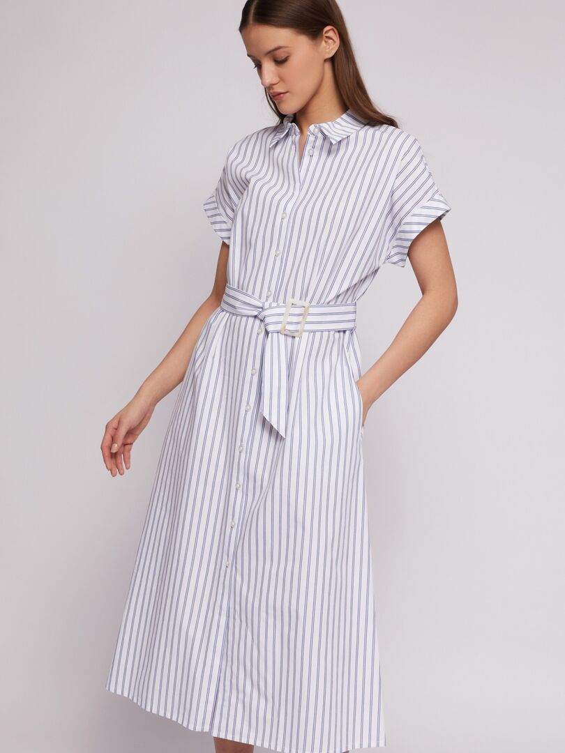Платье-рубашка из хлопка с коротким рукавом и узором в полоску Zolla