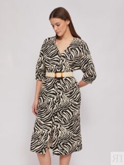 Платье-халат из хлопка с принтом и плетёным ремнём Zolla