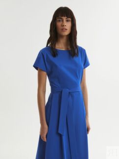 Приталенное синее платье из хлопка с поясом Pompa