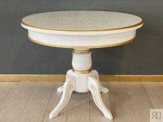 Стол круглый раскладной Верона (белый, патина золото) шпон Размер стола 110