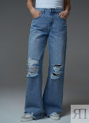 Широкие джинсы с разрывами, Голубой O`Stin