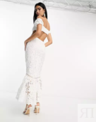 Платье Asos Design lace bardot cut out maxi with frill hem, белый