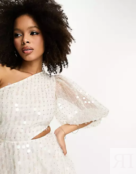 Платье Asos Design embellished organza asymmetric one sleeve, белый 122764976 | White фото 3