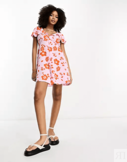 Платье мини Asos Design Floral Tea, розовый/оранжевый