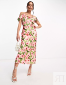 Платье Hope & Ivy cold shoulder satin, розовый/зеленый 128824557 | Pink/Green Floral фото 1