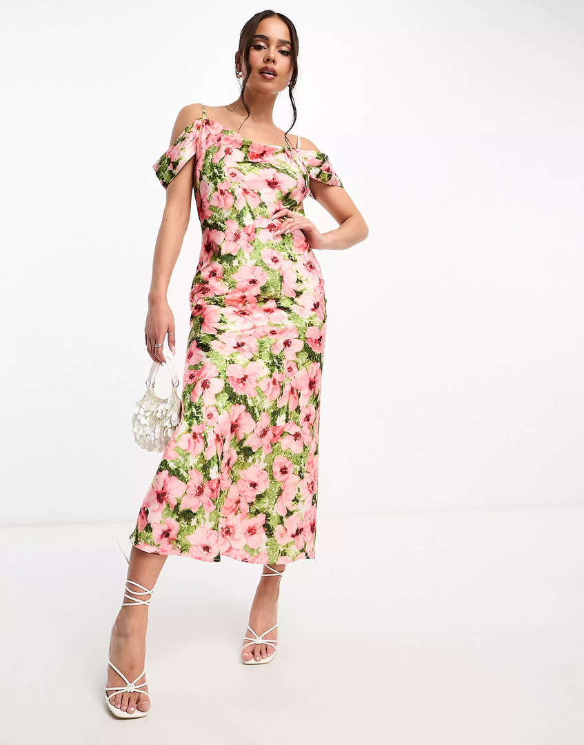 Платье Hope & Ivy cold shoulder satin, розовый/зеленый 128824557 | Pink/Green Floral фото 1