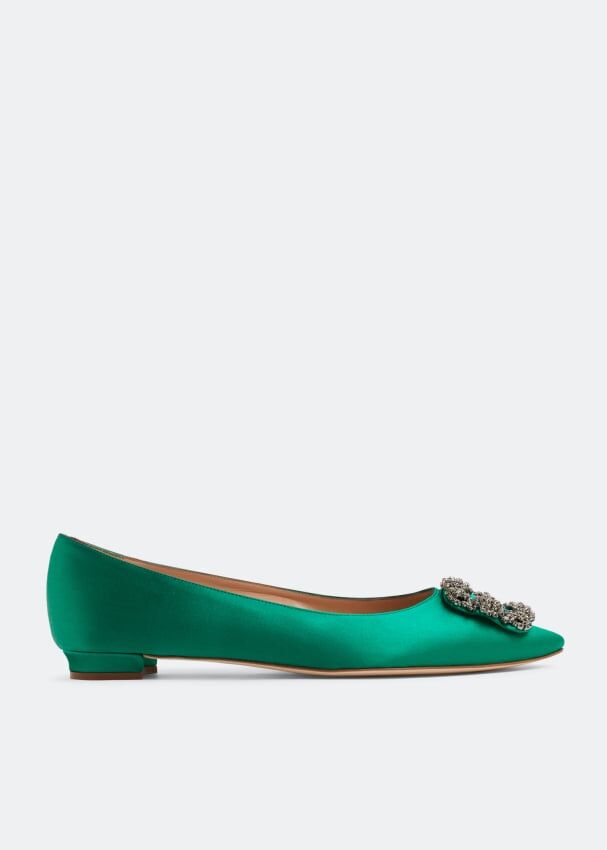 Балетки MANOLO BLAHNIK Hangisi satin flats, зеленый