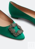 Балетки MANOLO BLAHNIK Hangisi satin flats, зеленый